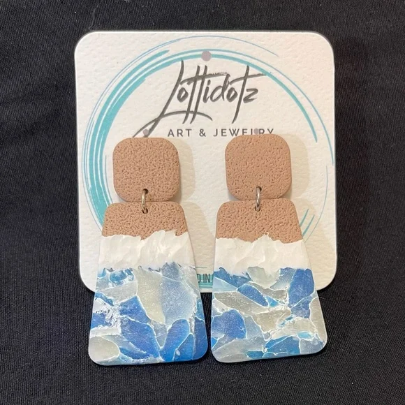 Ocean Waves Dangle Earrings Polymer Clay - Picture 1 of 8